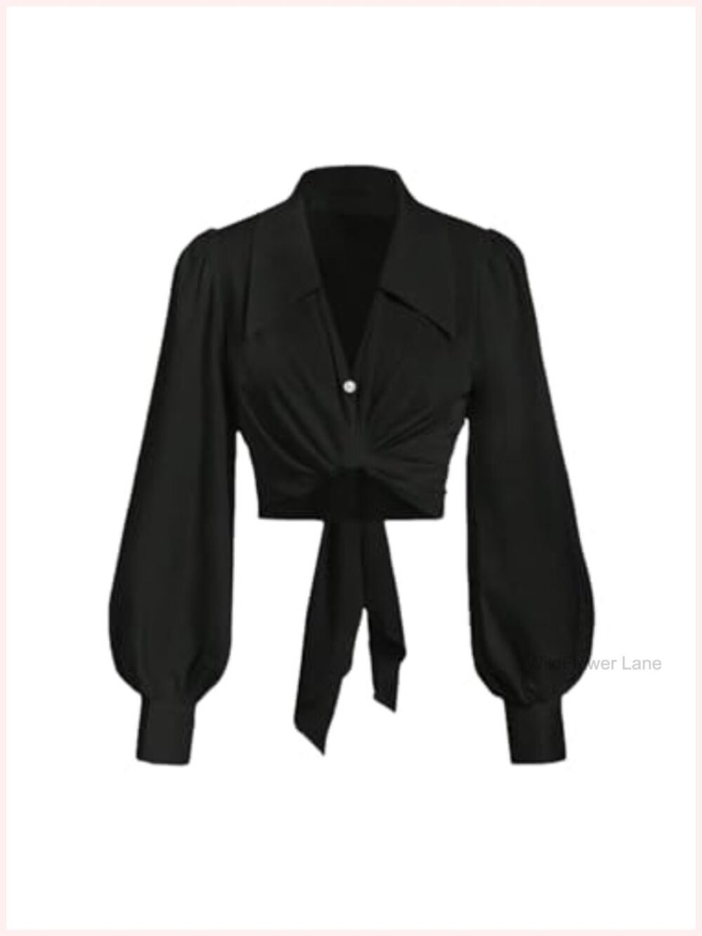 Women's Cropped Self Tie Wrap Blouse Long Bishop Sleeve Polyester Button Down